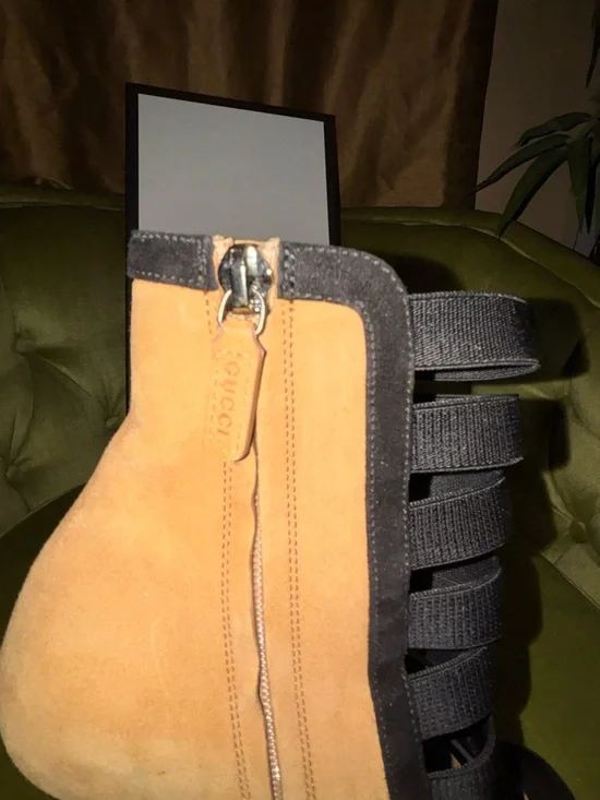 Gucci Brown/Black Suede and Fabric Olimpia Strappy Ankle Boots Size 38 - Picture 4 of 11